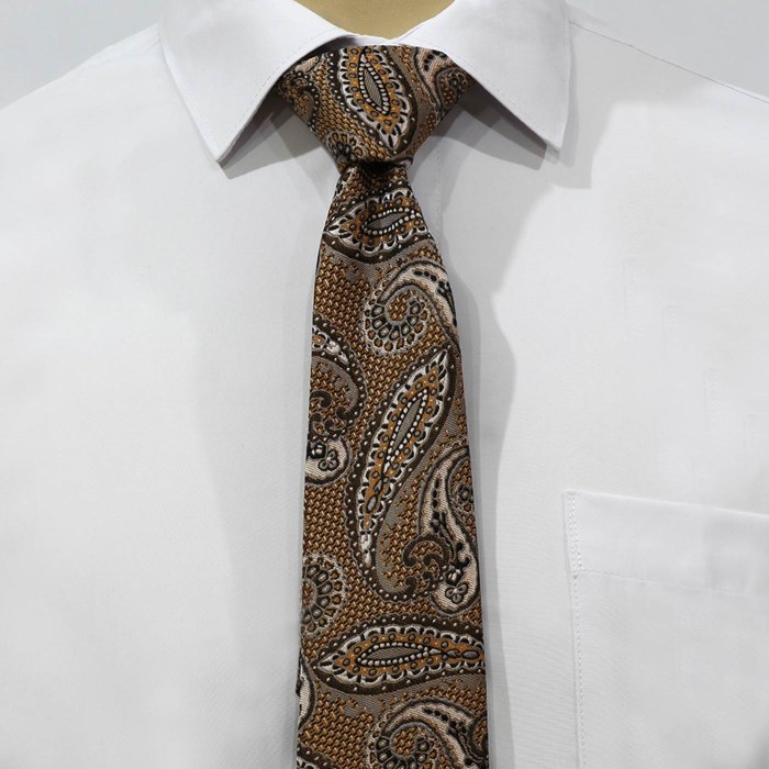 ست کراوات و پوشت طرح بته جقه خردلی قهوه ای کد T01-07-2731 Brown mustard jacquard tie and leather set code T01-07-2731