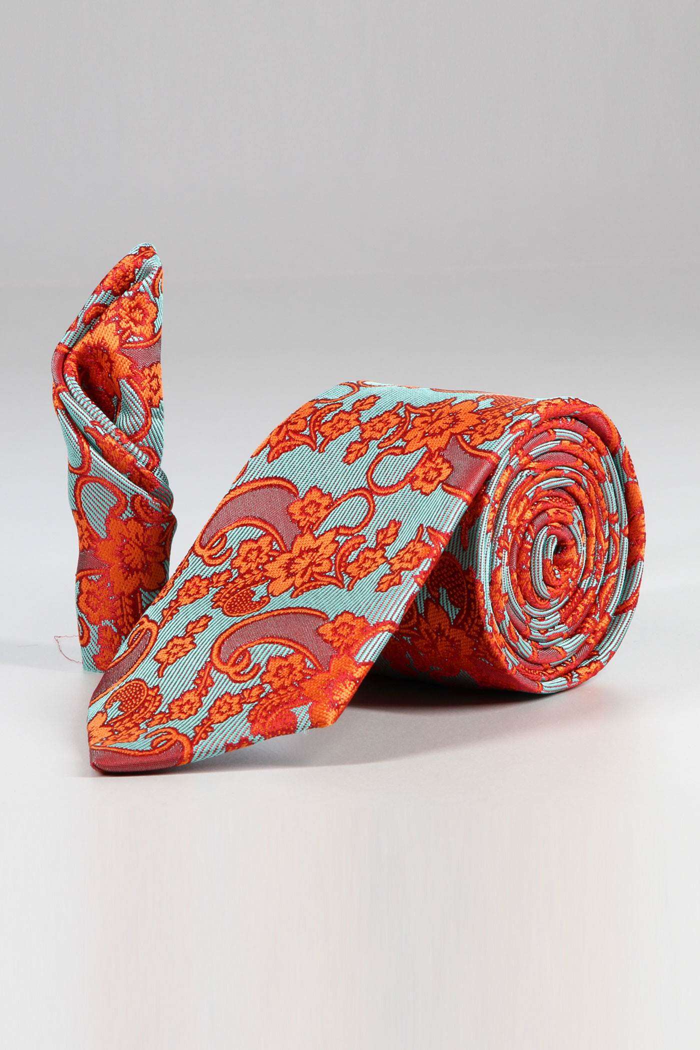 Blue and orange patterned tie and leather set code T01-07-0828