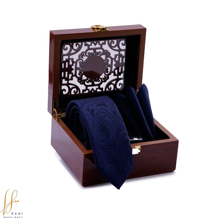ست کراوات و پوشت طرح بته جقه سرمه ای کربنی کد 121612 Tie and leather set of carbon blue jaqeh pattern code 121612